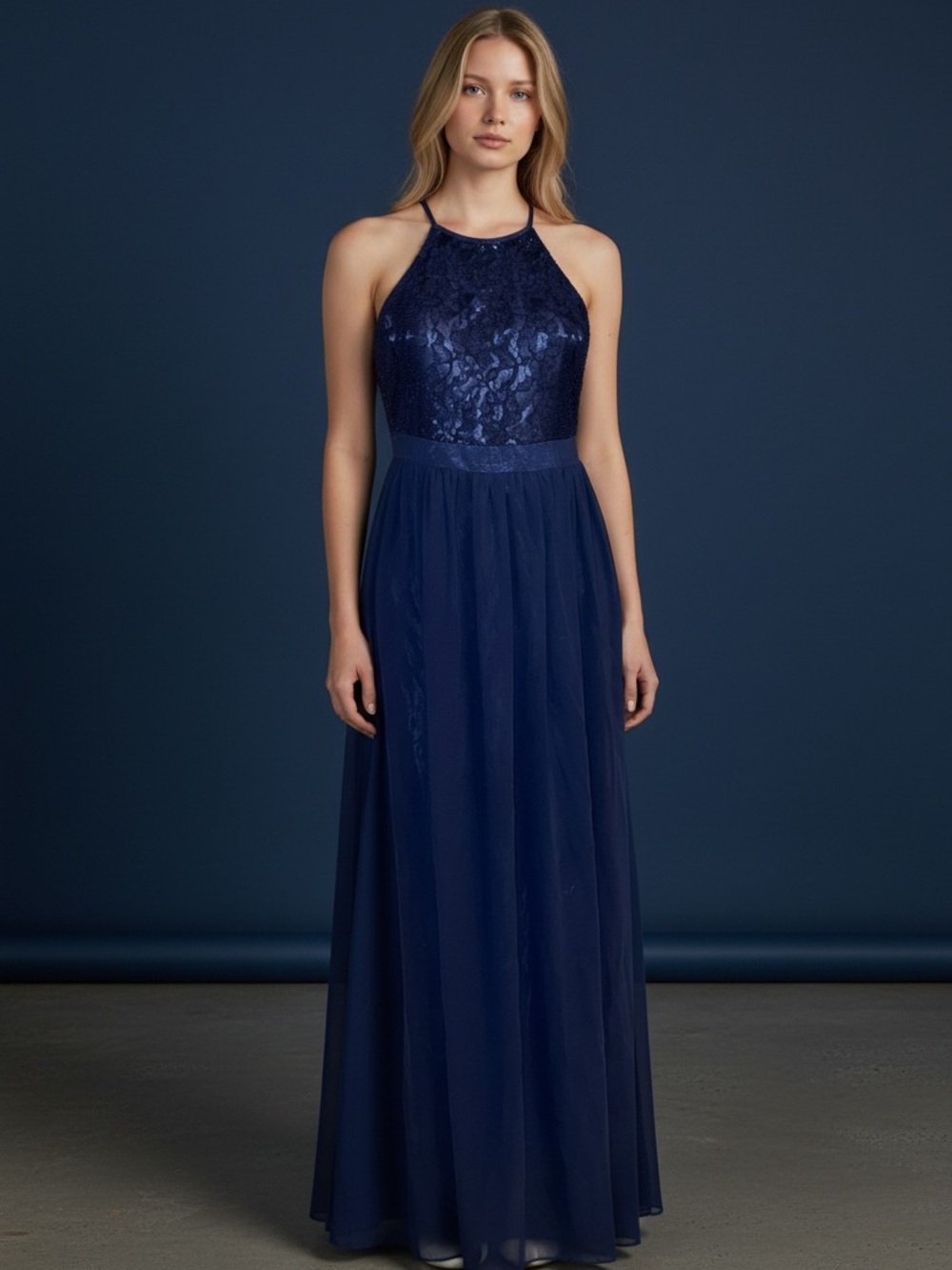 Navy Halter Lace & Chiffon Maxi Dress
